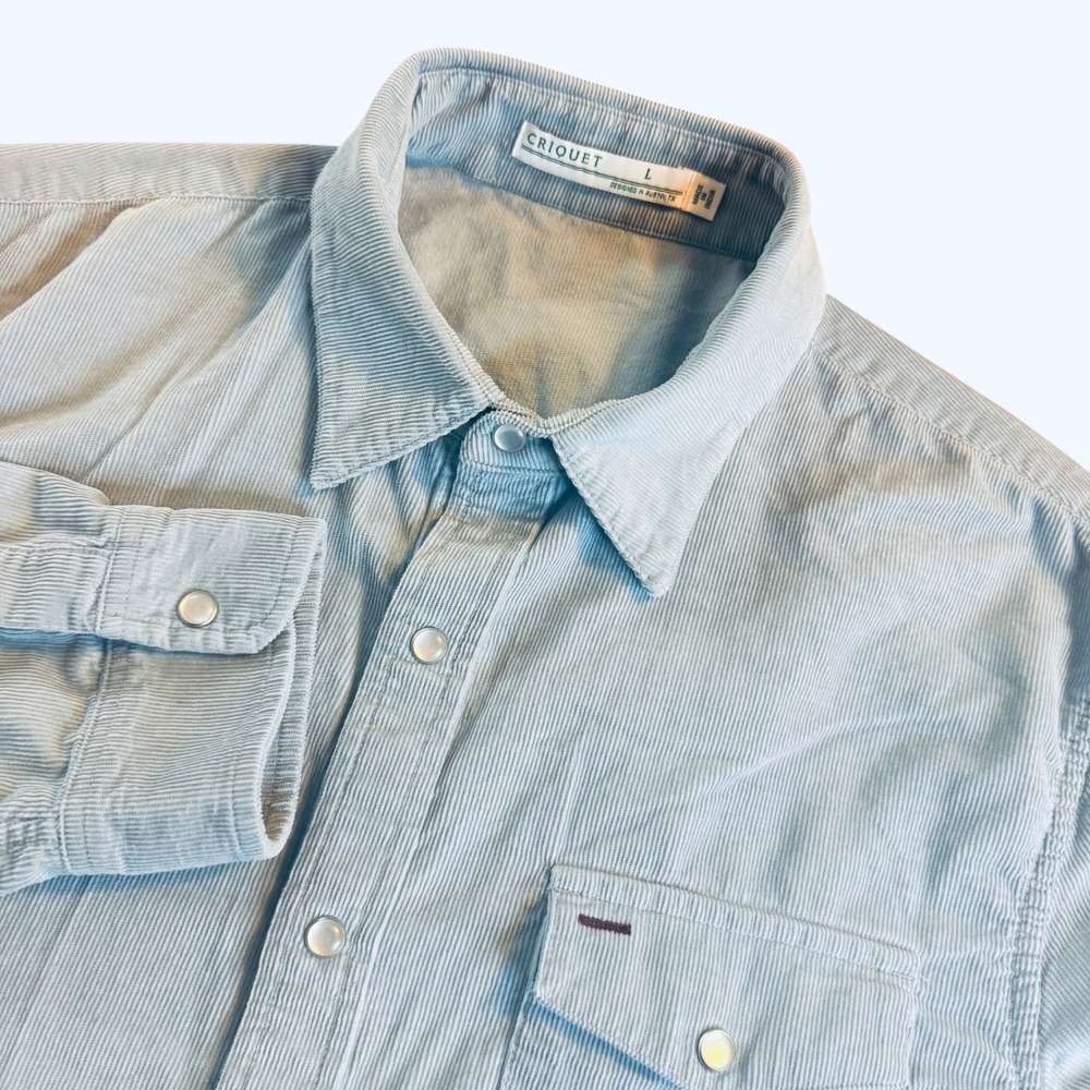 Criquet Mens Large Corduroy Pearl Snap Shirt Light Blue Western Long Sleeve